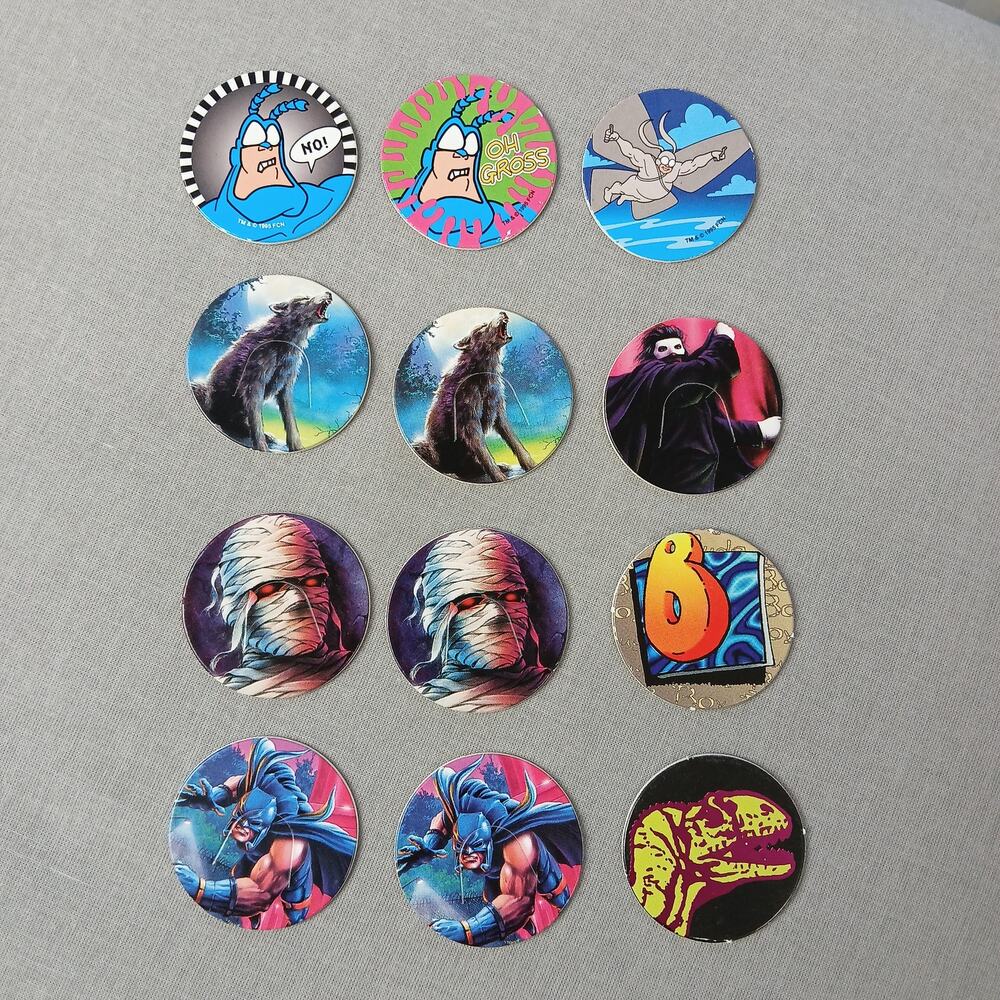 Set of 12 collectible POGS + TKD slammer VTG 90s Goosebumps The Tick Bugle Boy